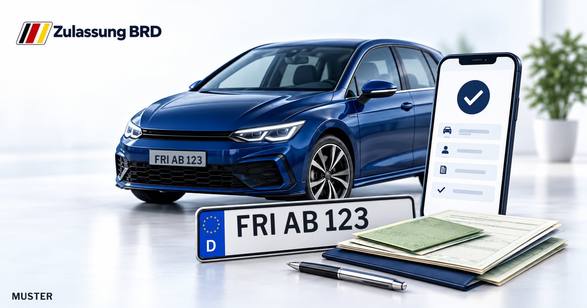 Online Fahrzeugzulassung in Varel: Musterkennzeichen FRI AB 123, Auto und Fahrzeugpapiere und Smartphone. Illustration mit Logo von Zulassung BRD.